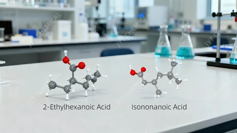Molecular models representing Isononanoic Acid and 2-Ethylhexanoic Acid