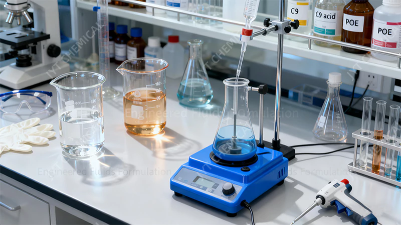 Laboratory glassware used to illustrate engineered fluid formulation work